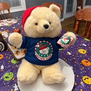 Vintage 1989 Santa's Club Teddy Bear with Red Hat and Blue Sweater